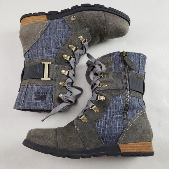 Sorel Major Carly Suede Boot Womens 8 Gray Blue Denim Ankle Side Zip Moto Combat - Picture 6 of 11